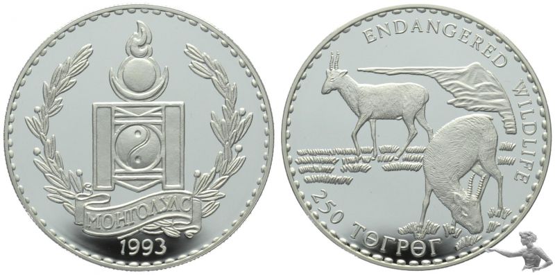 Mongolei 250 Tugrik 1993 Saiga Antelope (Saiga Antilope) Silber, Top